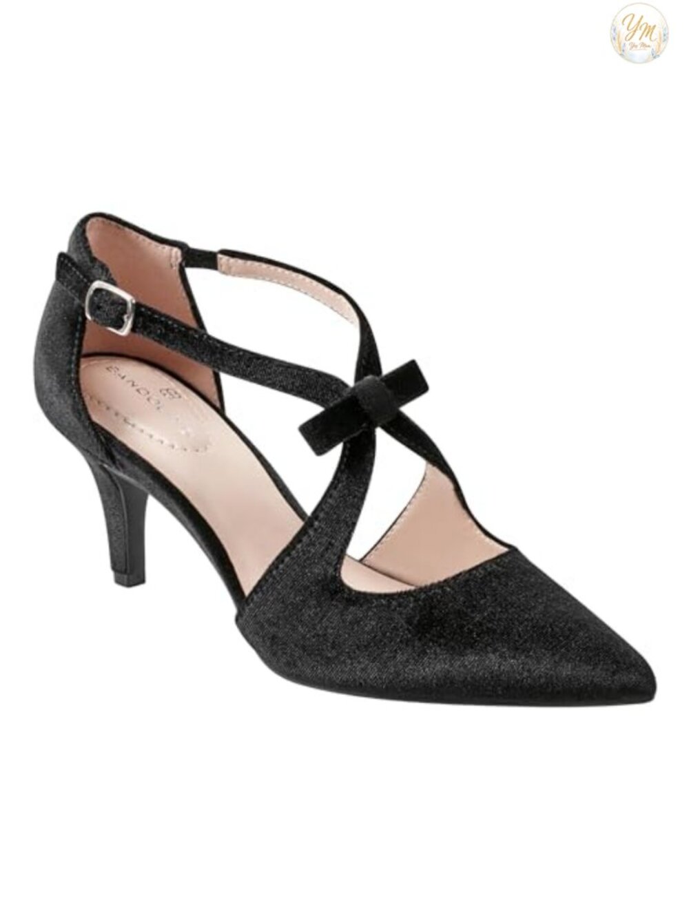 Pointed Toe Pump with Buckle Closure and Bow Detail Kitten Heel, Black Velvet,